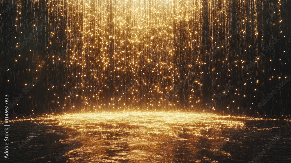 Aufkleber shimmering golden raindrops falling into a calm pool beneath a soft glow creating a magical and ethe