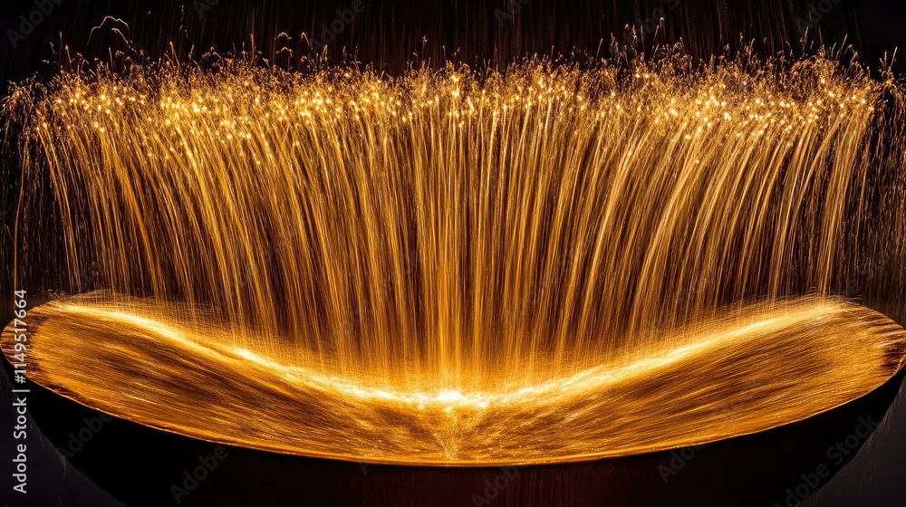 Poster dynamic display of golden water splashes in a shimmering fountain at night capturing the beauty of l