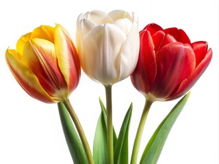 Set Of Red Yellow And White Tulips Isolated On A White Background