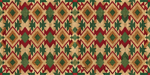 Colorful geometric pattern featuring red, green, and beige shapes creating a vibrant, festive look.