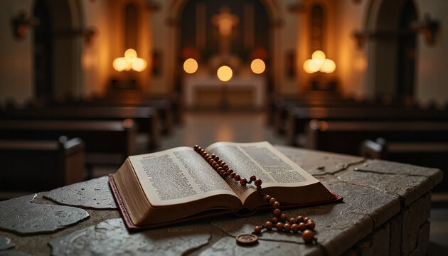 Open Bible with rosary on a stone altar in a softly lit church interior, creating a tranquil atmosphere