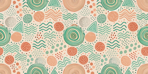 A vibrant abstract pattern featuring layered circles, triangles, and wavy lines in earth tones.