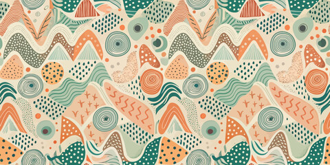 Abstract patterns in earthy tones with circular and wavy shapes, creating a harmonious and playful design.