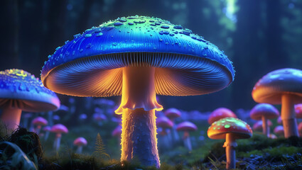 beautiful Agaricus bisporus mushroom in fairy background, created by generative ai