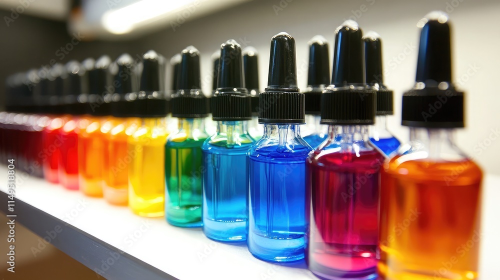 Poster colorful bottles of liquid in various shades displayed on a shelf with soft lighting, ideal for crea