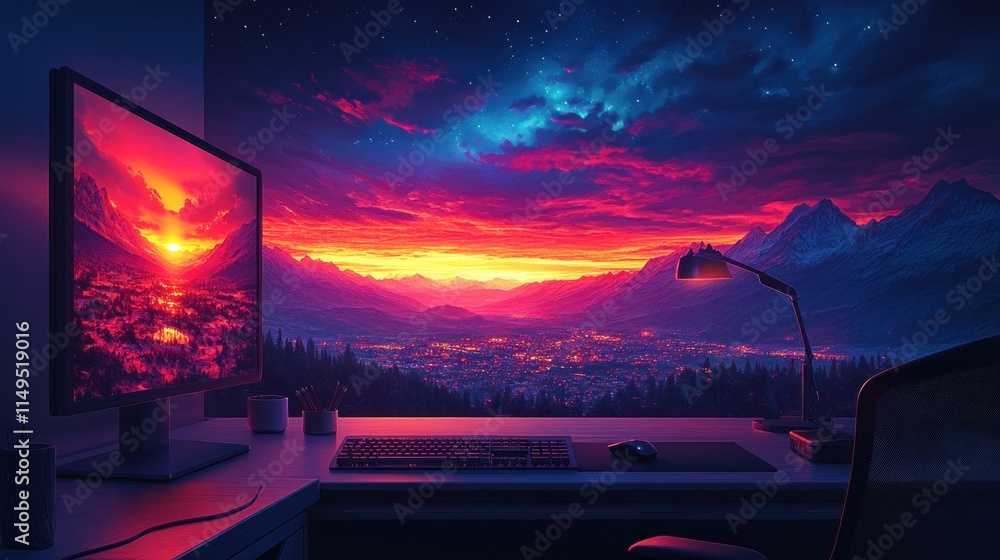 Poster vibrant sunset landscape displayed on a computer monitor in a modern home office setup.