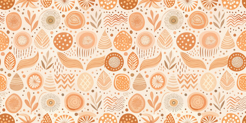 A vibrant abstract pattern featuring warm orange tones and playful shapes. Ideal for textiles and graphic design.