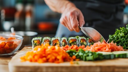 Seniors Preparing Colorful Sushi with Fresh Ingredients in a Bright Kitchen Setting