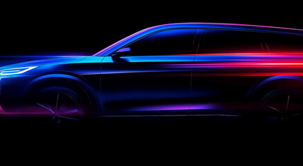 Moving neon glowing sport car silhouette. Vector illustration with side view on high speed moving...