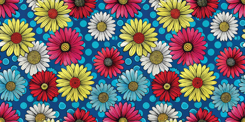 Colorful floral pattern featuring vibrant daisies on a blue background.