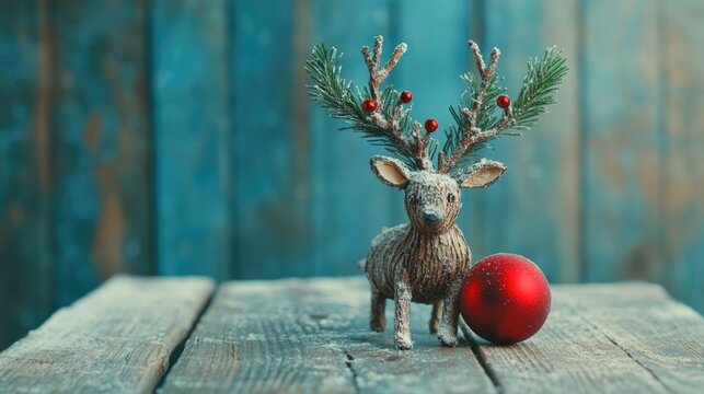 A charming holiday scene featuring a handcrafted wooden deer toy, wearing a Santa hat and holding a red ornament. - Powered by Adobe