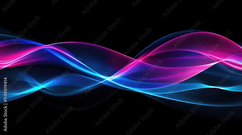 Poster vibrant abstract waves in blue and pink colors flowing smoothly over a dark background creating a dy