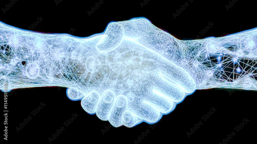 Poster digital handshake symbolizing connection and networking with glowing neon light effects