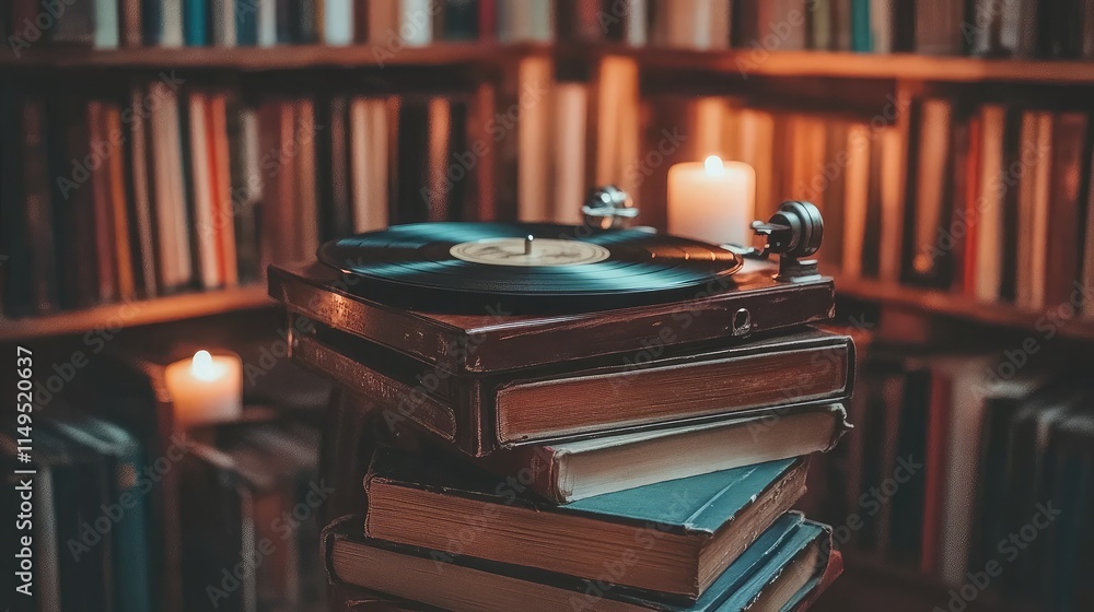 Poster a vintage turntable surrounded by stacked books with warm candlelight creating a cozy reading atmosp