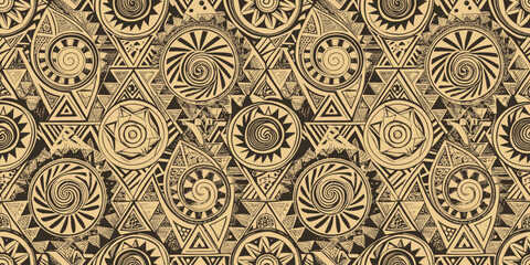 Intricate geometric patterns featuring swirls and triangles in black and beige hues.
