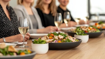 Connected Living Cultural Lifestyle concept. Elegant Cultural Dinner Table Setting with Fresh Food and Drinks for a Gathered Group of Friends