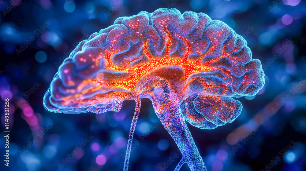 Poster digitally rendered glowing brain: neural networks and cognitive connections