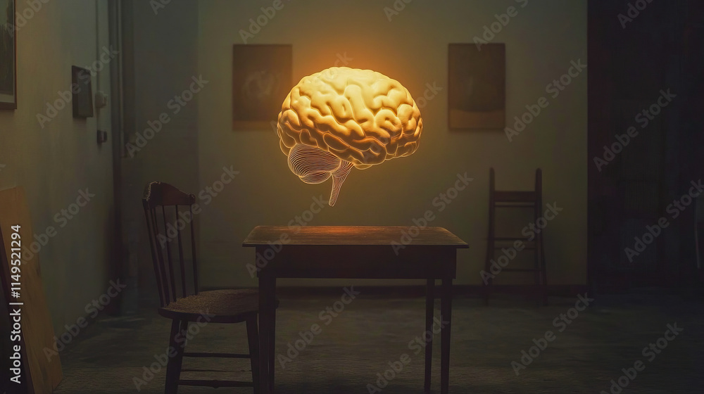 Poster glowing brain floating over table in dark room