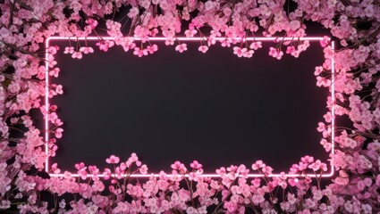 neon glowing pink flowers outline background, empty frame for text with neon glowing pink flowers background, pink floral border background for banner, pink background with frame