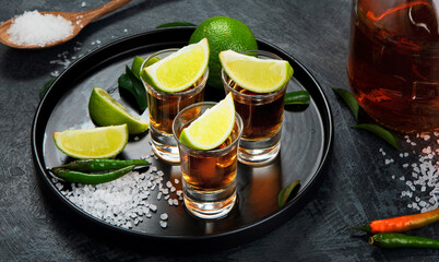 Tequila shots with lime and salt on gray background.