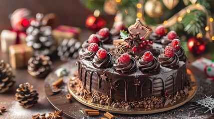 A delectable chocolate cake set against a festive christmas backdrop adorned with decorations