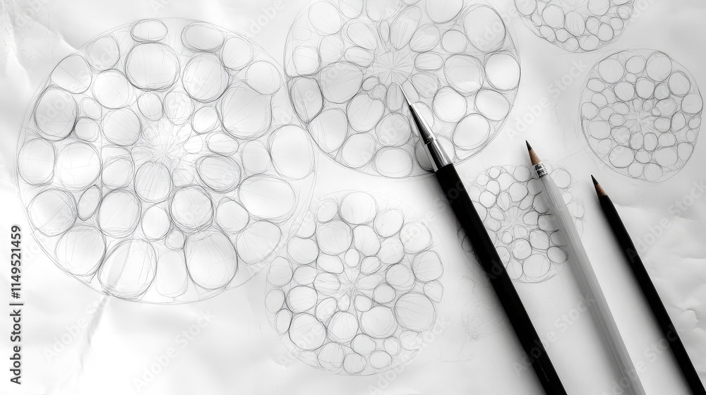 Aufkleber intricate hand-drawn sketches of circular patterns representing bubbles and cells on crumpled paper 