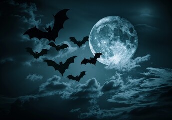 Bats Flying Under Full Moon