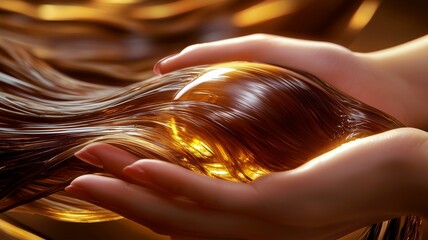 High-definition close-up of hands massaging luxurious hair oil into silky, shiny strands
