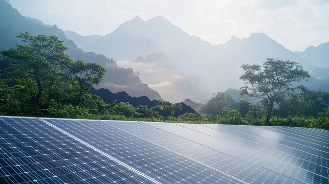 solar panel array transitioning into a mountain range in a double exposure effect, highlighting the role of renewable energy in addressing climate change. [Environmental]:[Climate change solutions] 