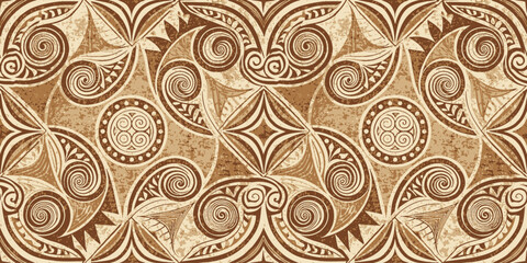 An intricate brown and beige abstract pattern featuring swirls and geometric shapes.