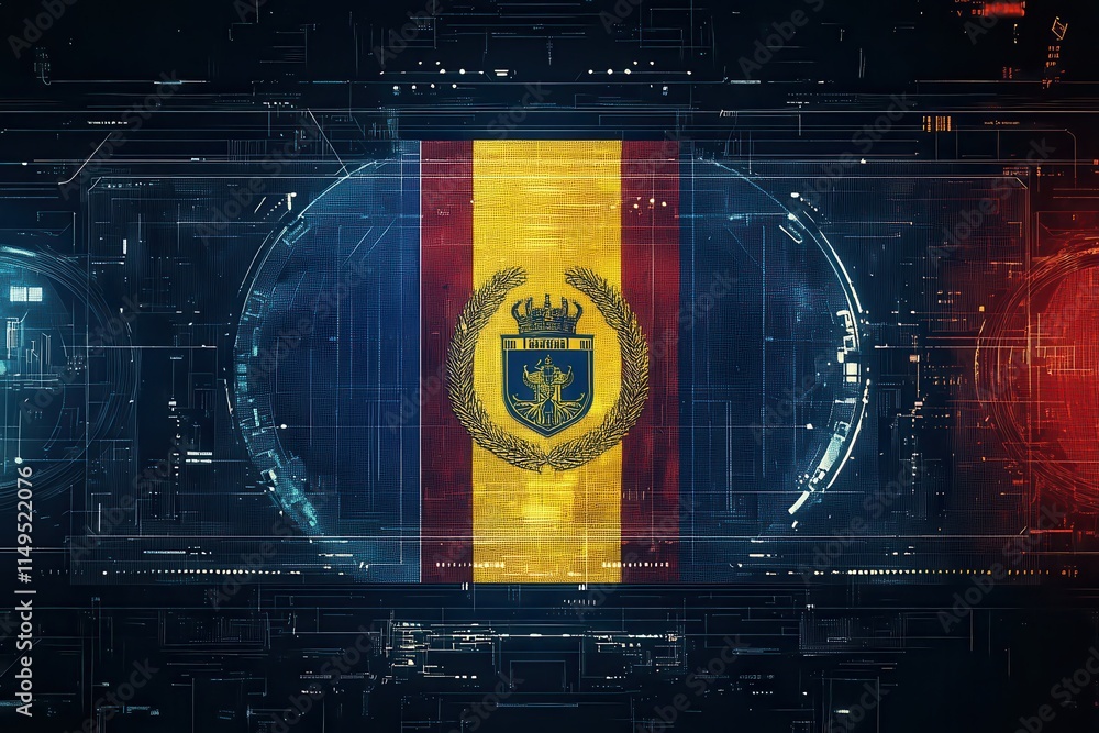 Poster digital flag of andorra: futuristic national symbol displayed on a tech interface background