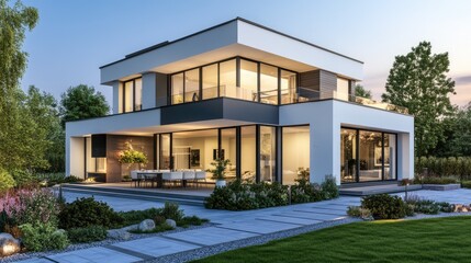 Fototapeta premium View of luxurious modern house exterior with dining space and garden