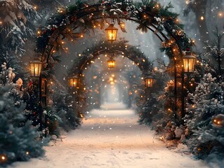 Fototapeta premium Whimsical winter arch decorated with lanterns, misty snowflakes, and lush greenery
