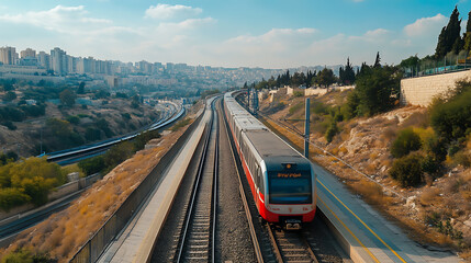 Naklejka premium Traveling by train, the prosperity, the beauty of convenient and fast travel