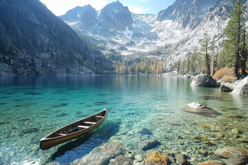 Obraz premium serene mountain lake with canoe on clear turquoise water. Generative Ai
