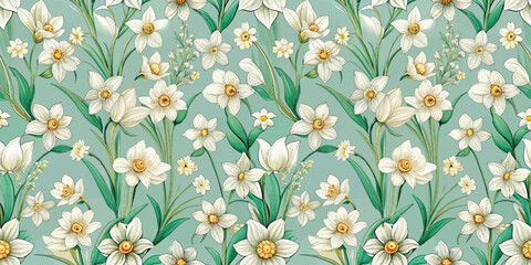 A beautifully detailed floral pattern featuring various white flowers on a soft green background.
