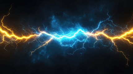 Dynamic Clash of Electric Blue and Bright Yellow Lightning Bolts Illuminating a Dark Atmospheric Background with Dramatic Energy Effect in an Artistic Representation