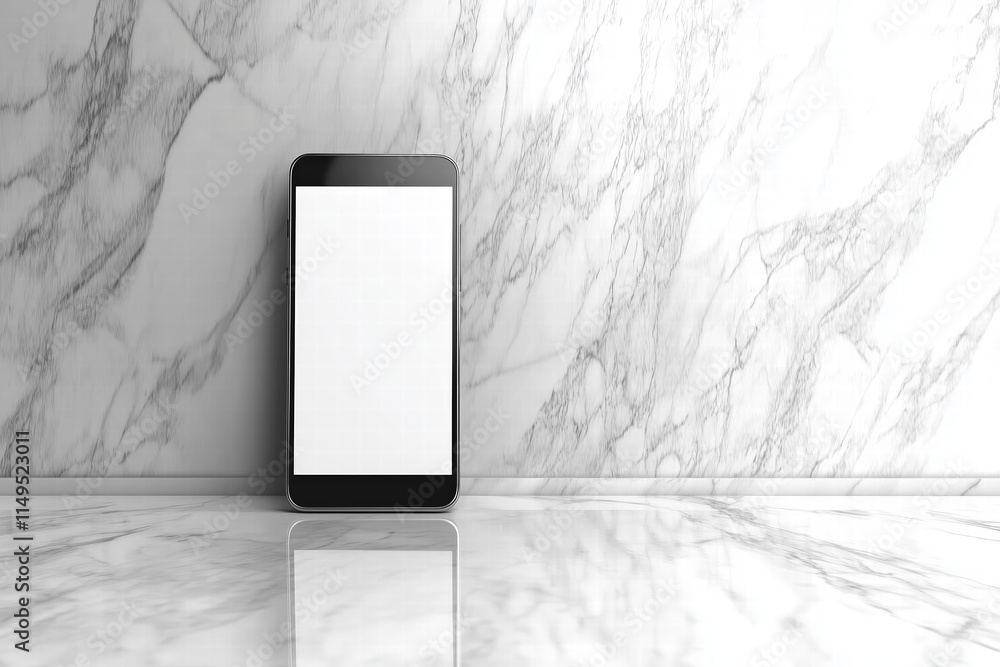 Poster smartphone with blank screen on marble surface, reflecting light. generative ai