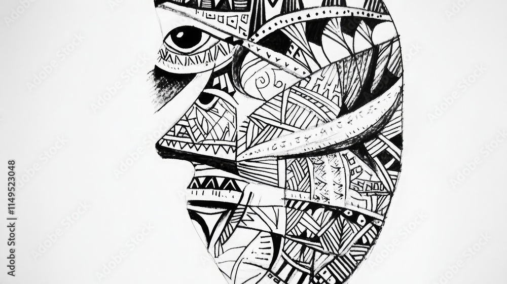 Poster abstract black and white illustration of a human face featuring intricate patterns and geometric des