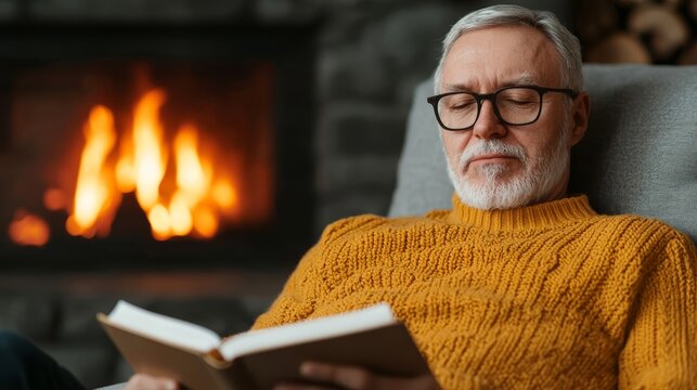 Elderly Man Journaling by the Fireplace in a Cozy Living Room Setting