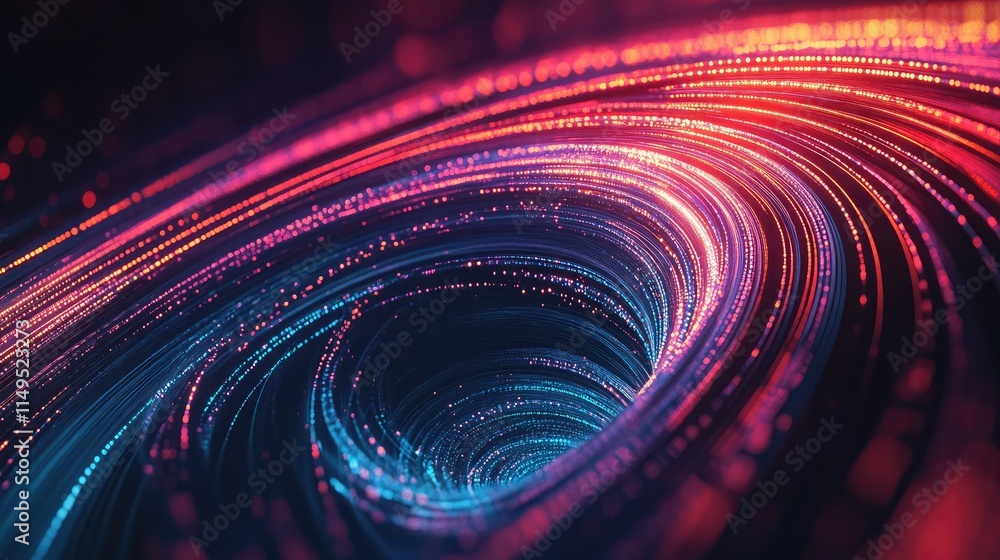 Poster swirling light trails in vibrant colors creating a hypnotic, futuristic pattern of energy and motion