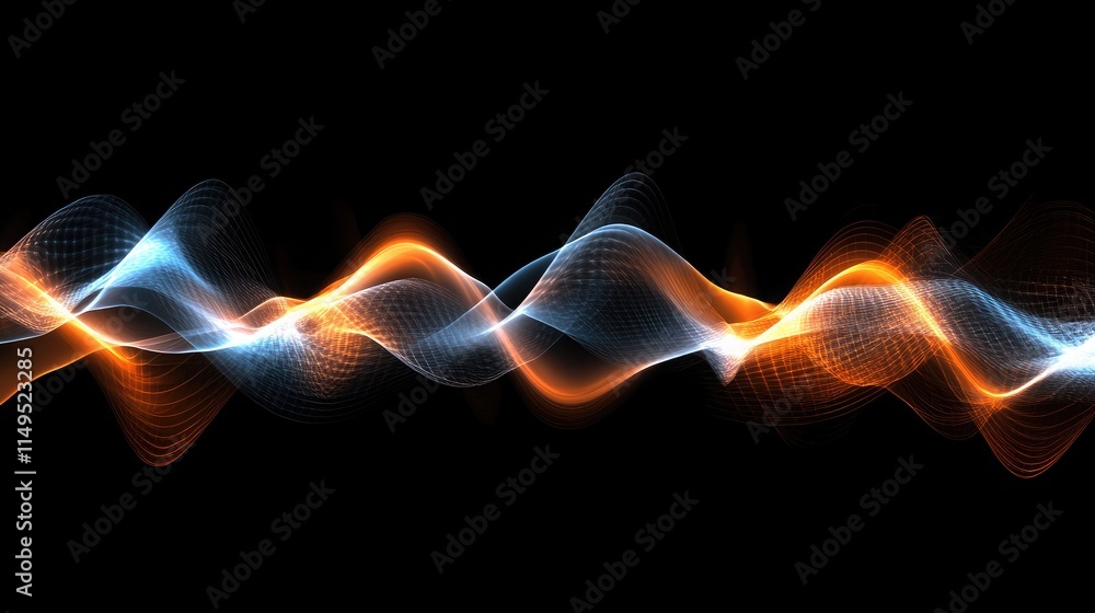 Poster abstract wavy sound waves in blue and orange colors representing energy flow and vibrations on a bla