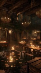 Obraz premium A dimly lit, atmospheric interior of an ancient hall featuring floating candles on a reflective surface, surrounded by wooden tables. The warm glow of chandeliers contrasts with the dark wooden beams 