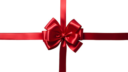 Red ribbon bow for gift box decoration, elegant festive ornament, shiny red ribbon with bow, isolated PNG on transparent background. birthday, and holiday gift wrapping designs