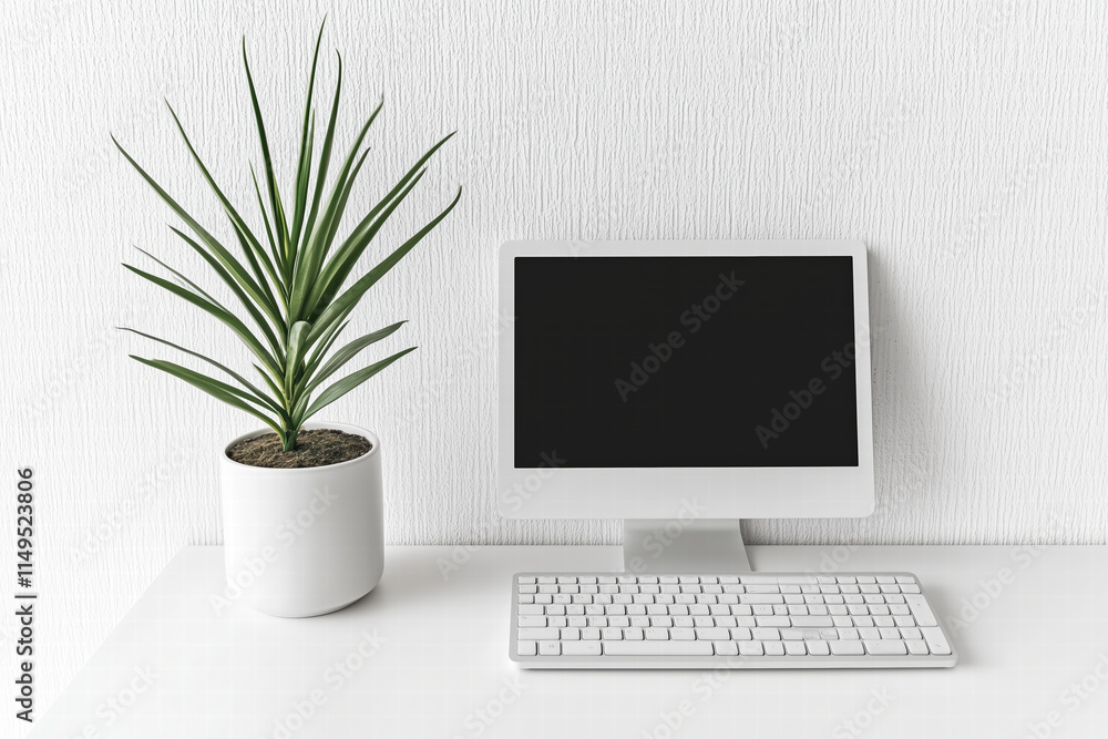 Poster minimalist workspace with computer and potted plant on white desk. generative ai