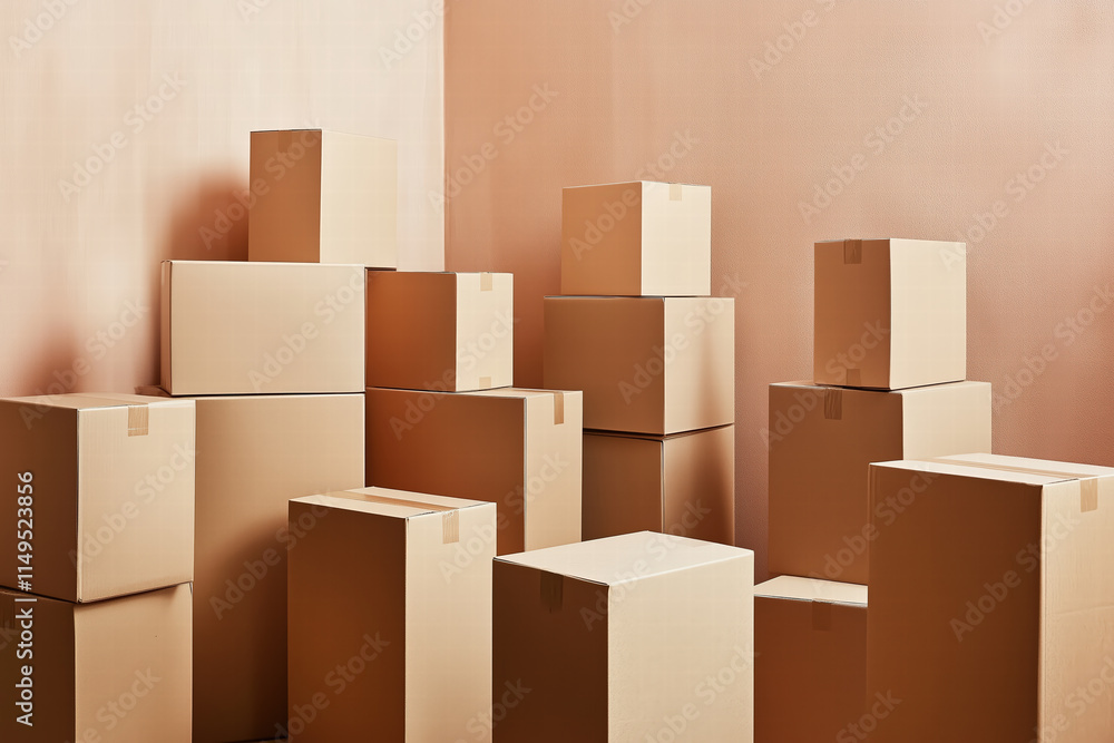Poster cardboard boxes stacked in room, ready for moving or storage. generative ai