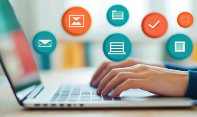 Hands Typing on Laptop with Communication and Task Icons Surrounding