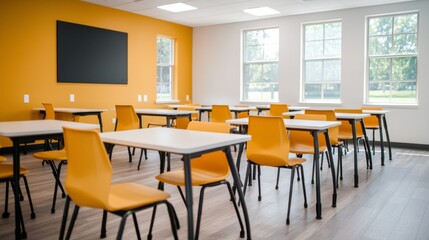 Modern Classroom Design with Bright Yellow Chairs and Large Windows for a Fresh Learning Environment