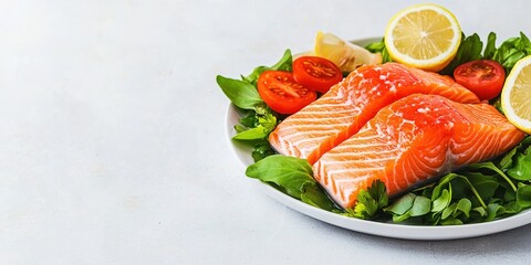 cancer prevention nutrition concept. Fresh salmon fillets garnished with lemon slices and cherry tomatoes, resting on a bed of leafy greens.