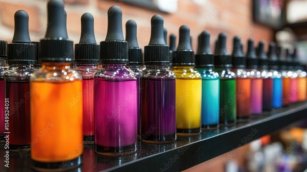 Poster colorful collection of ink bottles on a shelf displaying various shades for creative projects and ar